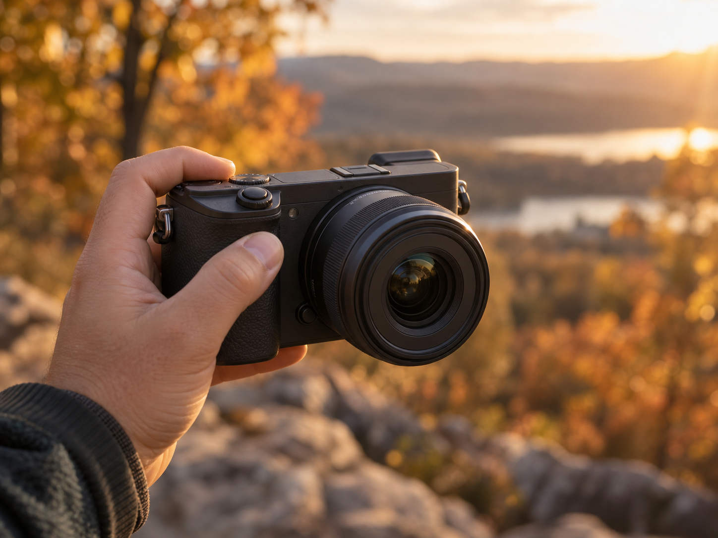 Cámara mirrorless compacta estilo Sony a6400 o Canon R50 en sesión fotográfica