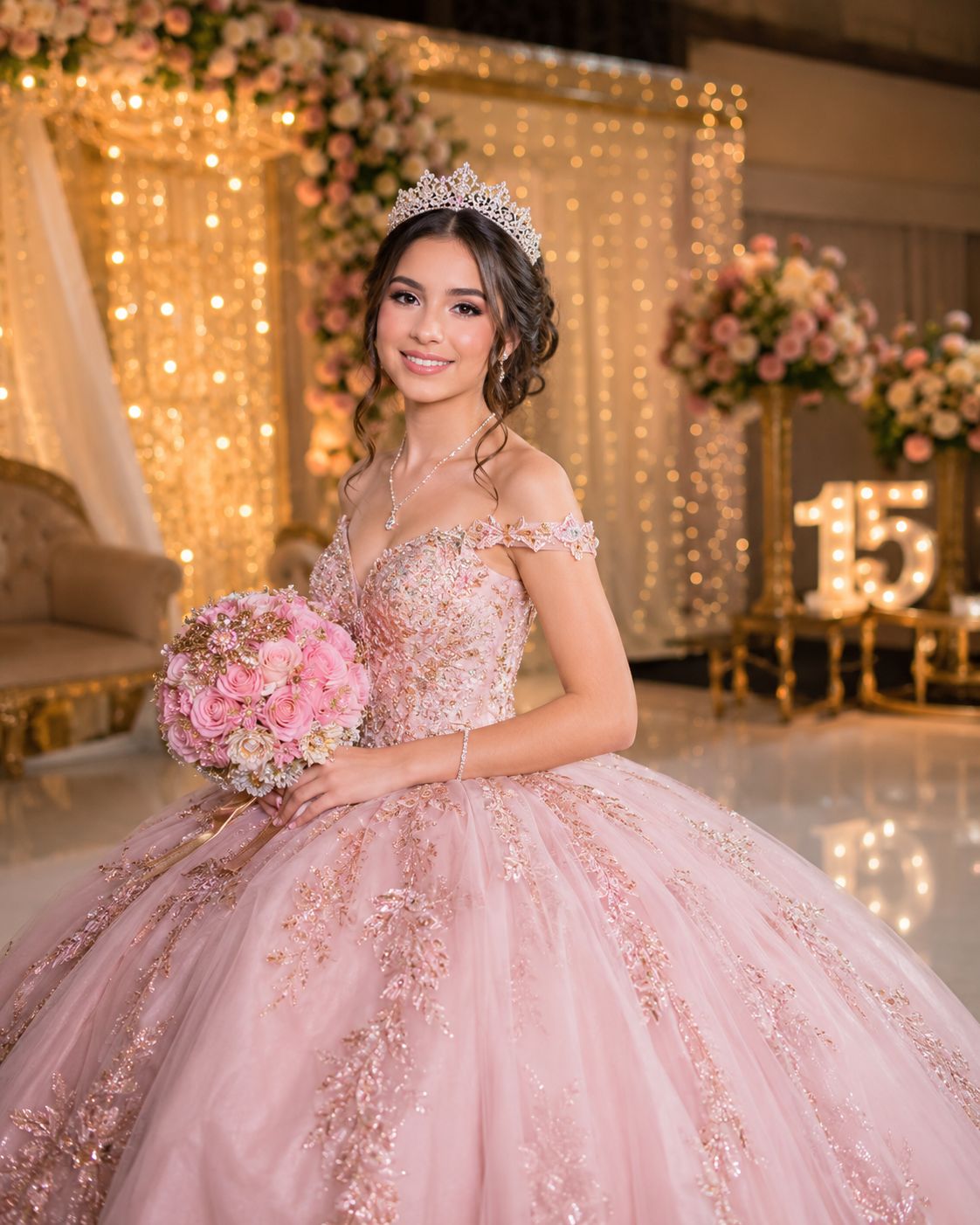 Quinceañera con vestido rosa y decoración elegante